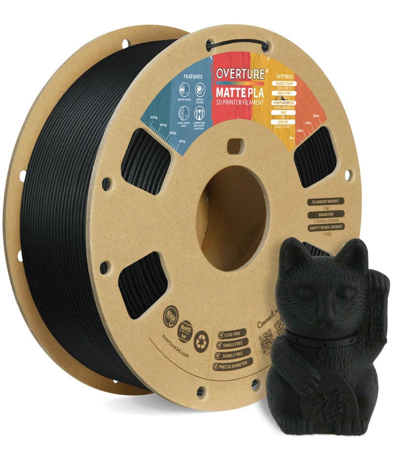 OVERTURE PLA Matte 3D Printer Filament 1.75mm, Matte PLA 1kg Cardboard Spool (2.2lbs), Dimensional Accuracy +/- 0.02 mm (Matte Black) - Image 1