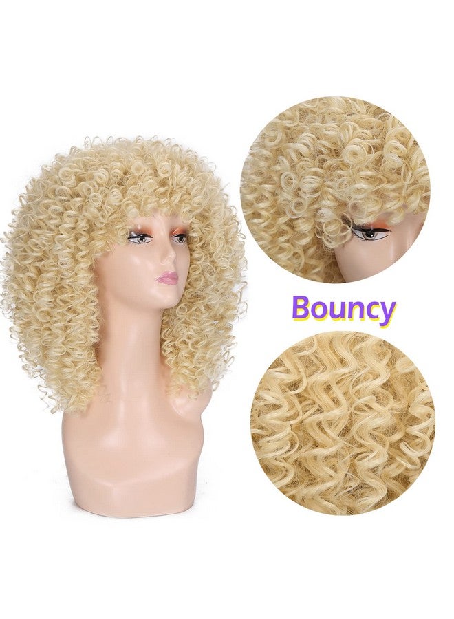Lady Miranda Blonde Curly Wig Afro Kinky Curly Wigs With Bangs Medium Length Kinkys Curly Wig Heat Resistant Synthetic Hair Curly Blonde Wigs For Women - Image 3