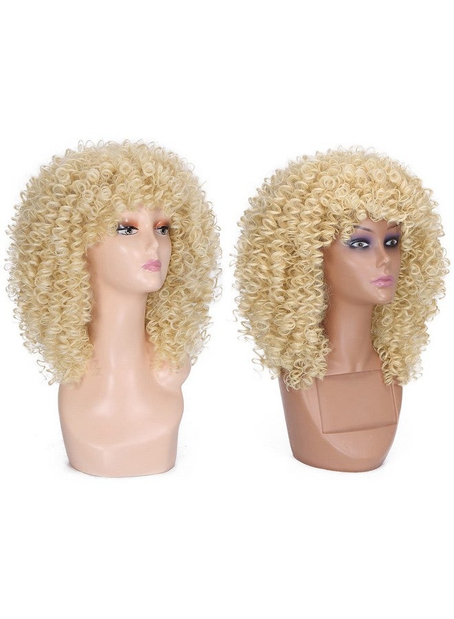 Lady Miranda Blonde Curly Wig Afro Kinky Curly Wigs With Bangs Medium Length Kinkys Curly Wig Heat Resistant Synthetic Hair Curly Blonde Wigs For Women - Image 5