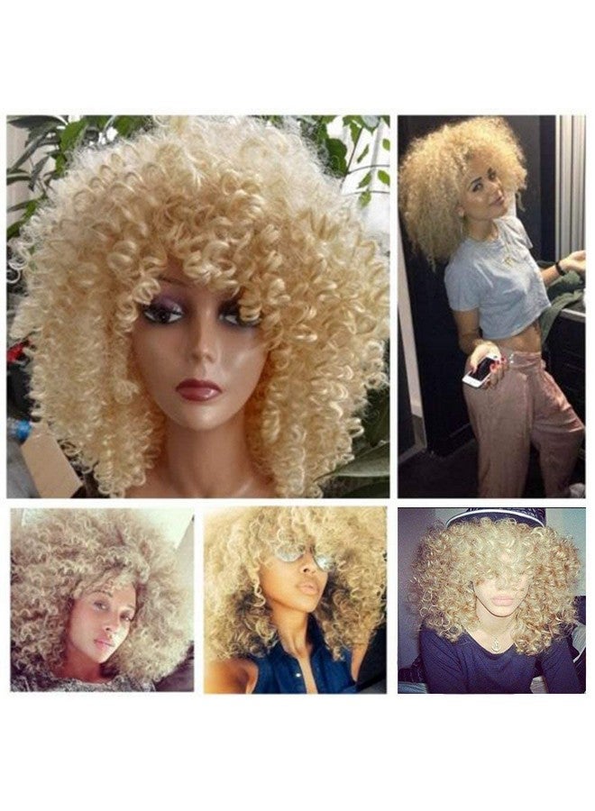 Lady Miranda Blonde Curly Wig Afro Kinky Curly Wigs With Bangs Medium Length Kinkys Curly Wig Heat Resistant Synthetic Hair Curly Blonde Wigs For Women - Image 2