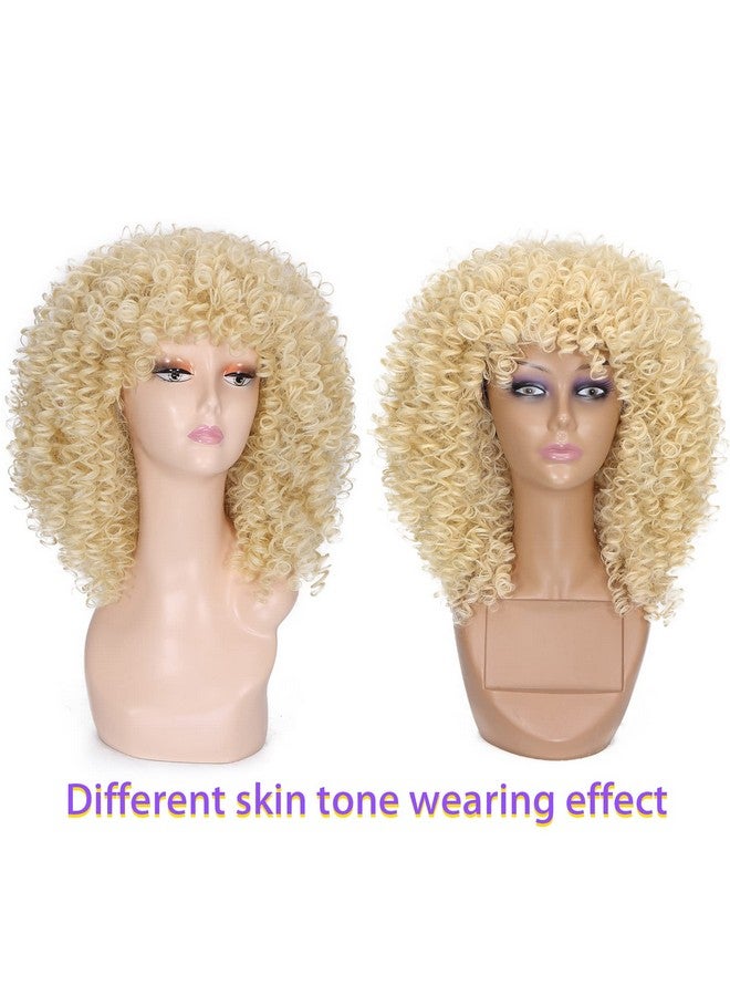 Lady Miranda Blonde Curly Wig Afro Kinky Curly Wigs With Bangs Medium Length Kinkys Curly Wig Heat Resistant Synthetic Hair Curly Blonde Wigs For Women - Image 4