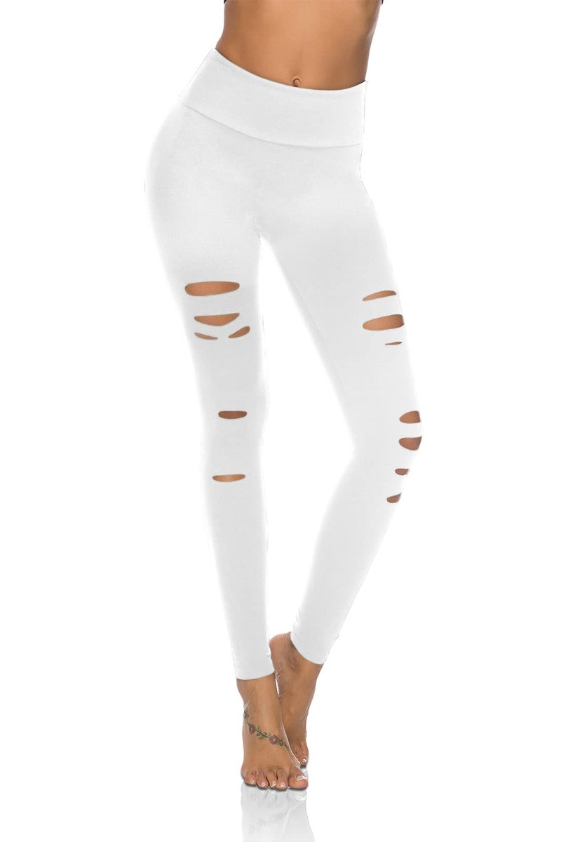 DIBAOLONG Womens High Waist Yoga Pants Cutout Ripped Tummy Control Workout Running Yoga Skinny Leggings White S - Image 1