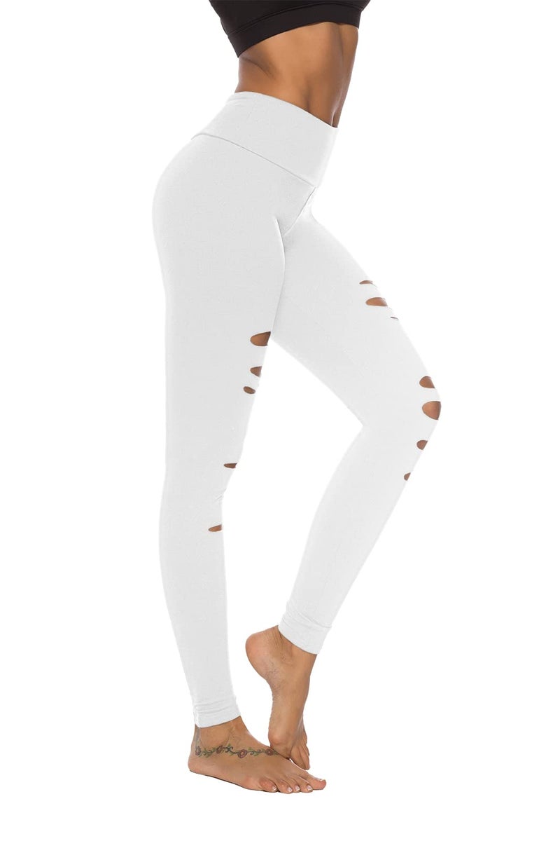 DIBAOLONG Womens High Waist Yoga Pants Cutout Ripped Tummy Control Workout Running Yoga Skinny Leggings White S - Image 2
