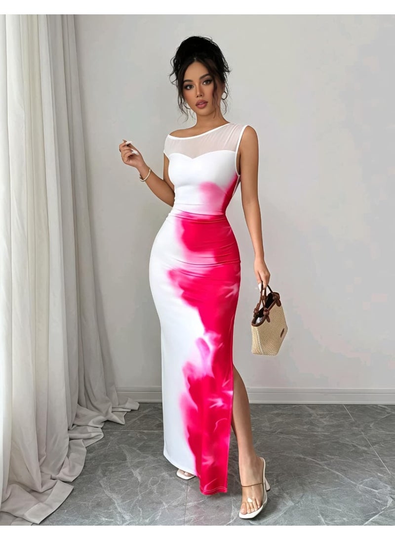 Shein Women's Elegant Floral Print Mesh Splice Asymmetric Hem Bodycon Dress, Suitable For Daily, Vacation, Wedding, Party In Spring And Summer from SHEIN - Image 1
