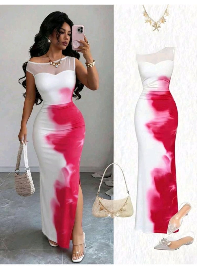 Shein Women's Elegant Floral Print Mesh Splice Asymmetric Hem Bodycon Dress, Suitable For Daily, Vacation, Wedding, Party In Spring And Summer from SHEIN - Image 3