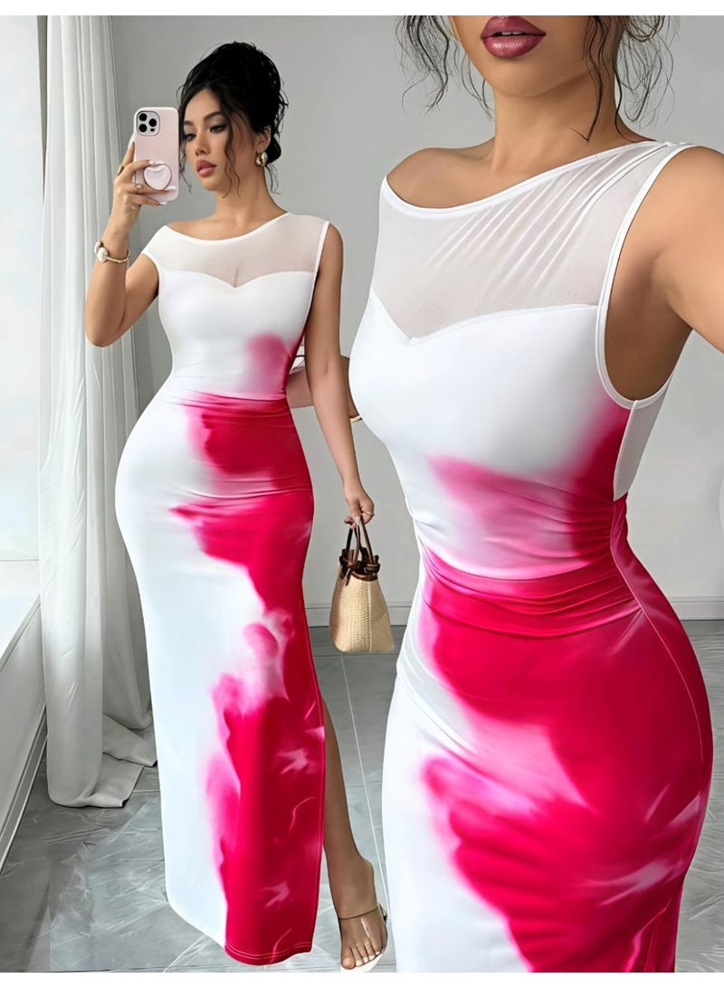 Shein Women's Elegant Floral Print Mesh Splice Asymmetric Hem Bodycon Dress, Suitable For Daily, Vacation, Wedding, Party In Spring And Summer from SHEIN - Image 2