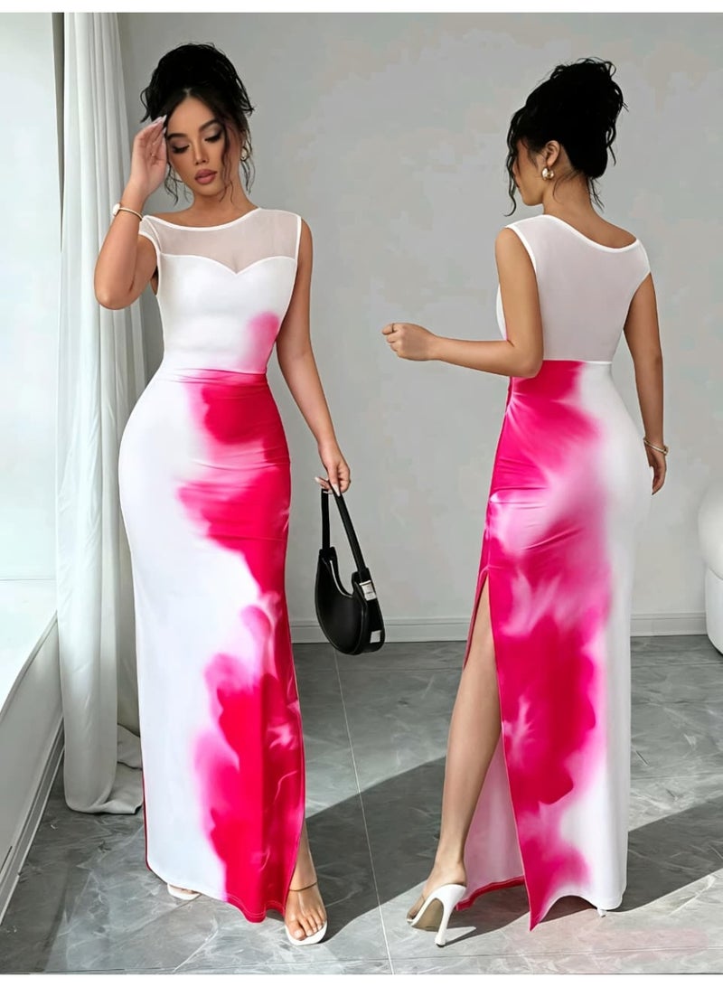 Shein Women's Elegant Floral Print Mesh Splice Asymmetric Hem Bodycon Dress, Suitable For Daily, Vacation, Wedding, Party In Spring And Summer from SHEIN - Image 5