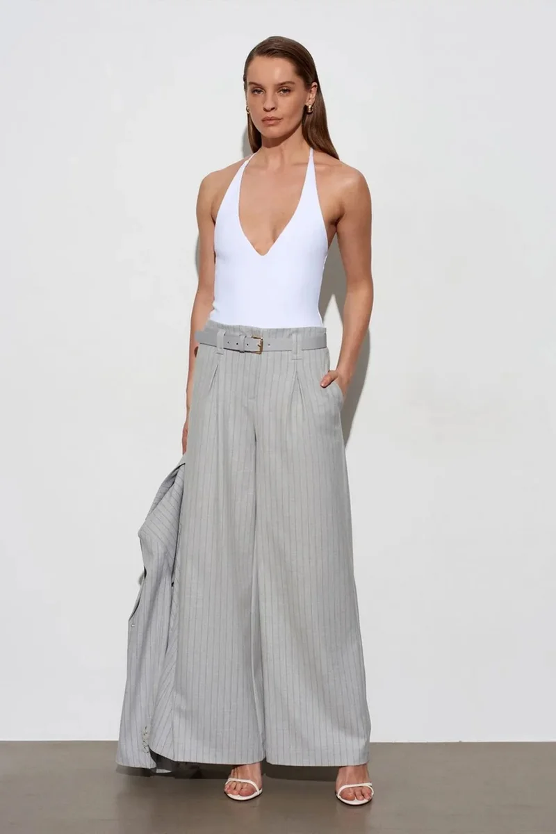 Dilvin Light Grey DILVIN Striped Wide-Leg Pleated Trousers for Women | Best Price UAE