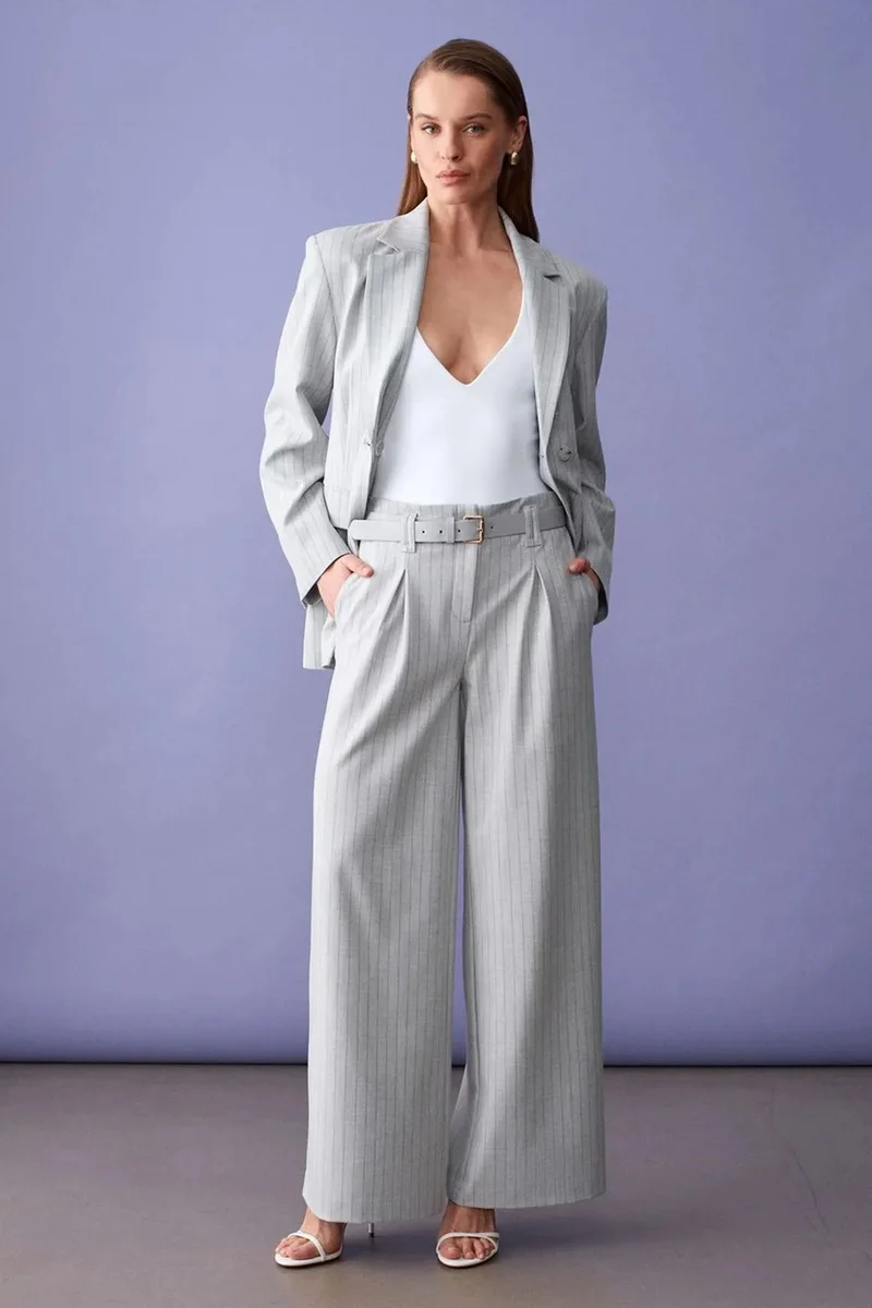 DILVIN Striped Wide-Leg Pleated Trousers