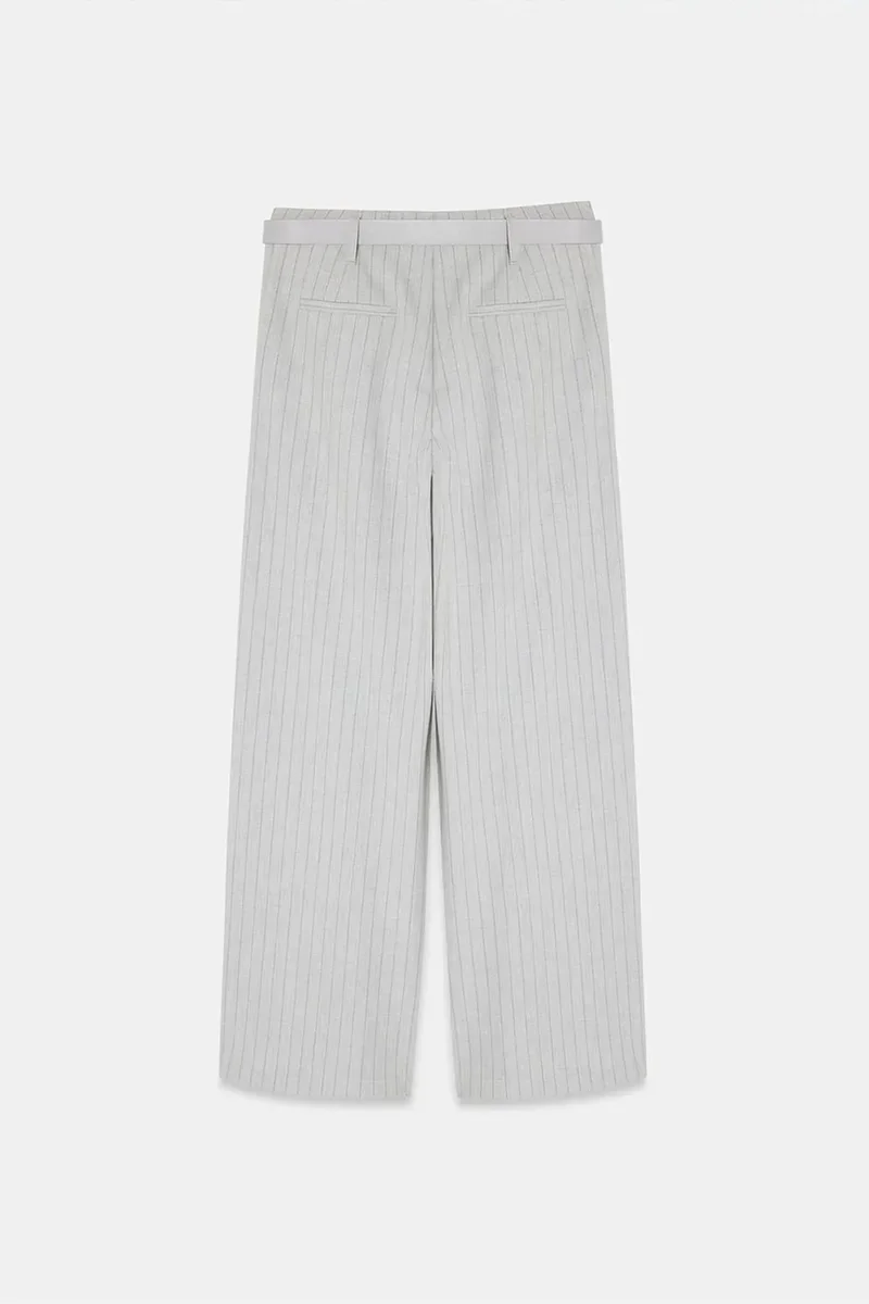 Dilvin Light Grey DILVIN Striped Wide-Leg Pleated Trousers for Women | Best Price UAE