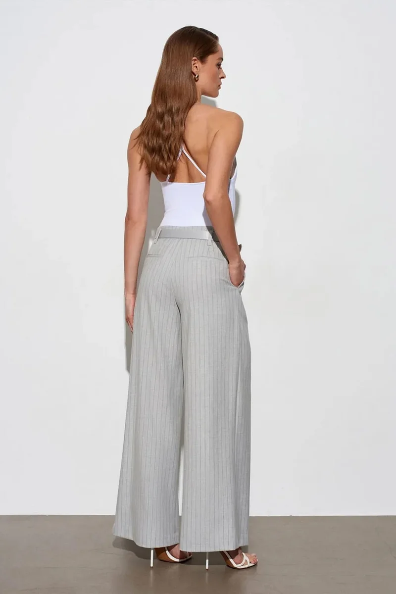 Dilvin Light Grey DILVIN Striped Wide-Leg Pleated Trousers for Women | Best Price UAE