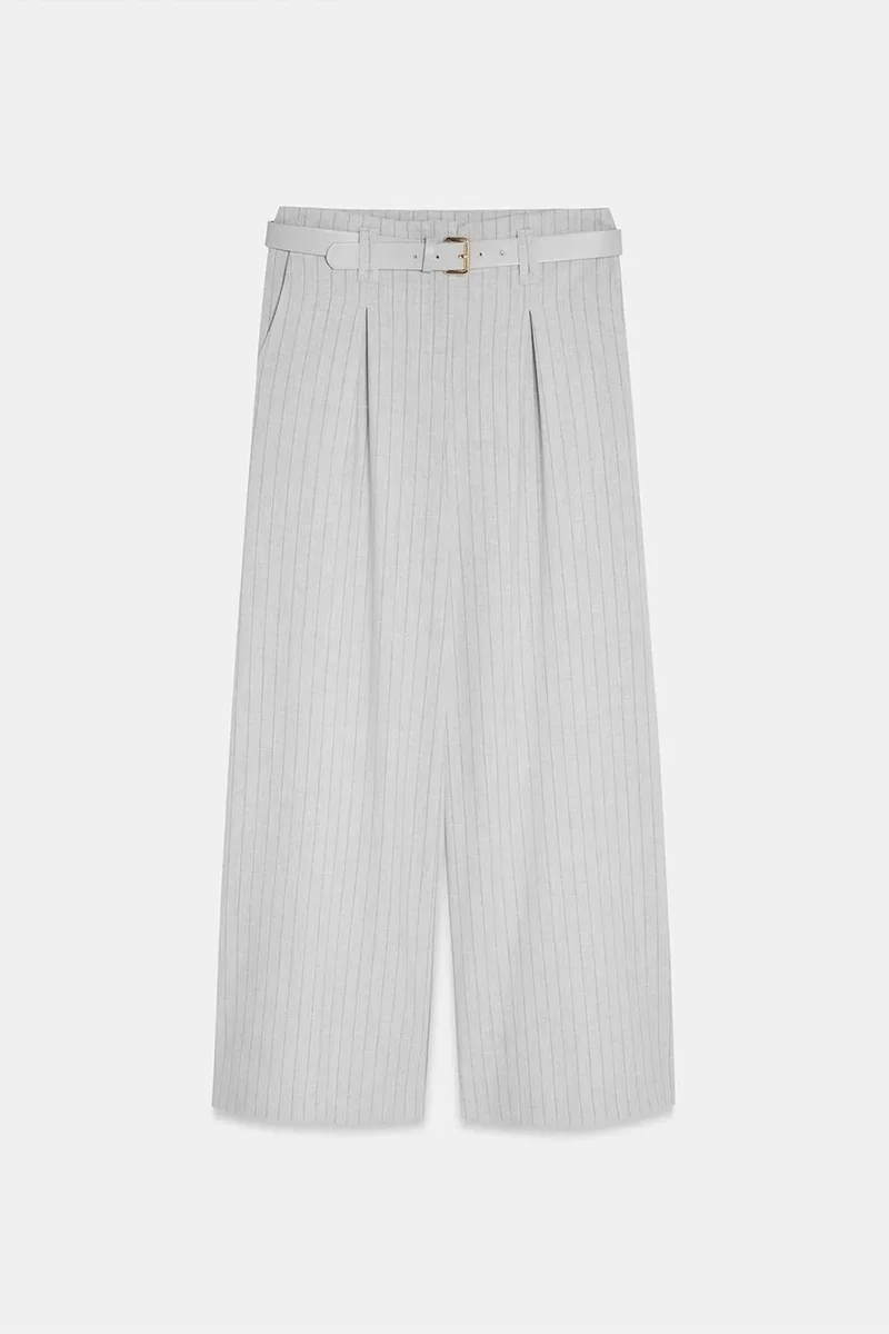 Dilvin Light Grey DILVIN Striped Wide-Leg Pleated Trousers for Women | Best Price UAE