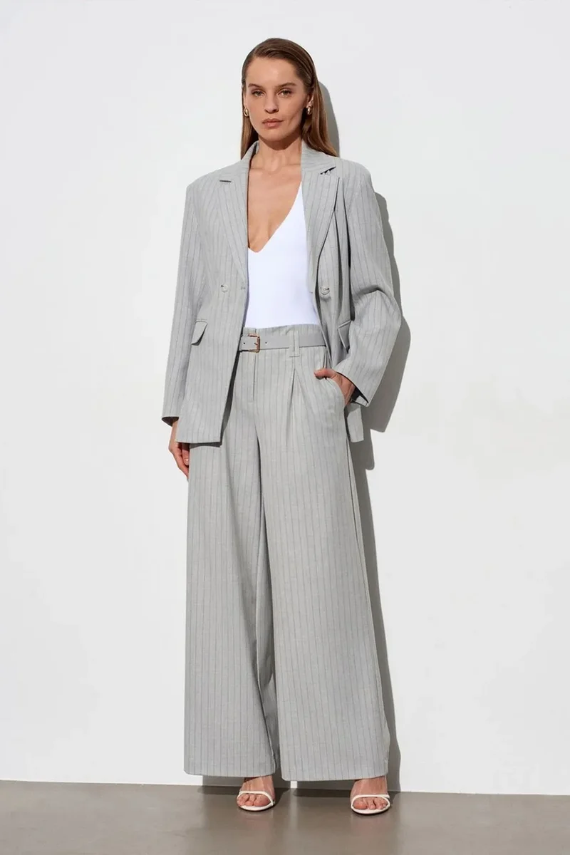 Dilvin Light Grey DILVIN Striped Wide-Leg Pleated Trousers for Women | Best Price UAE