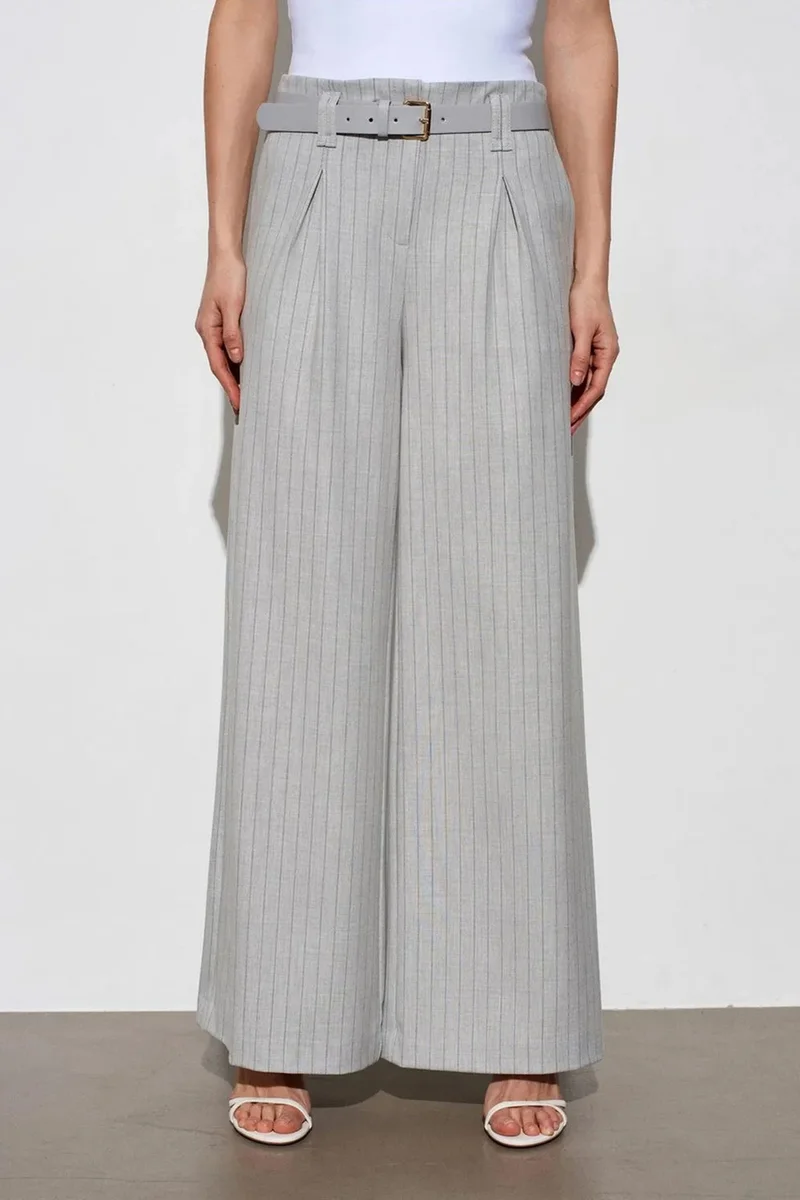 Dilvin Light Grey DILVIN Striped Wide-Leg Pleated Trousers for Women | Best Price UAE