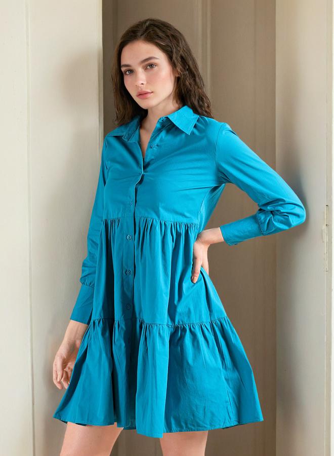 Freehand Teal Tiered Buttoned Mini Dress - Image 4