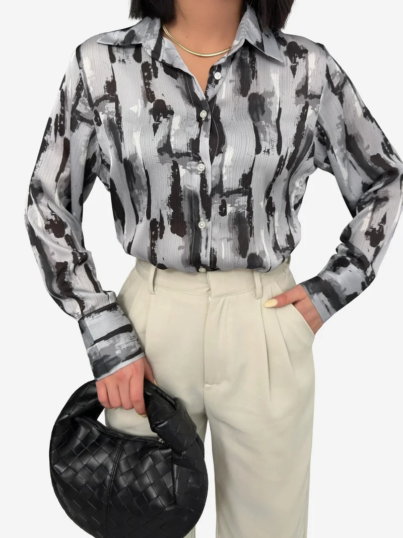 My Fashion Black MY FASHION Abstract Print Long Sleeve Button-Up Shirt for Women | Best Price UAE