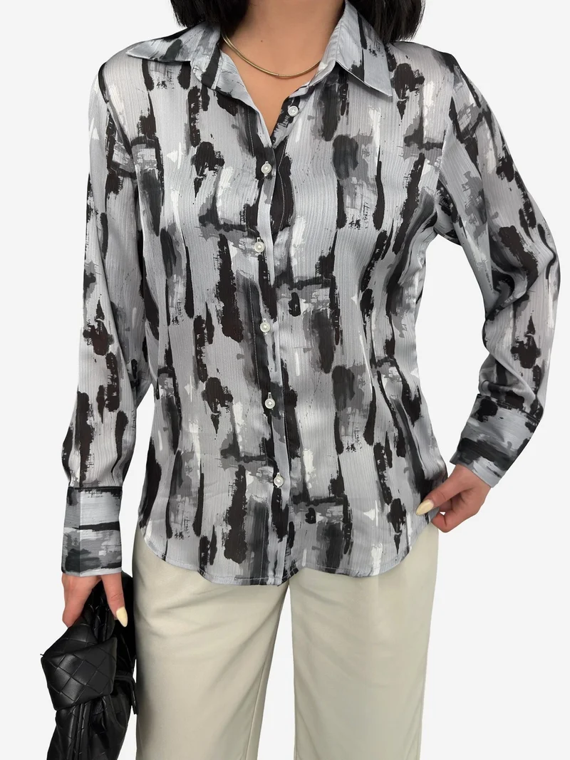 My Fashion Black MY FASHION Abstract Print Long Sleeve Button-Up Shirt for Women | Best Price UAE