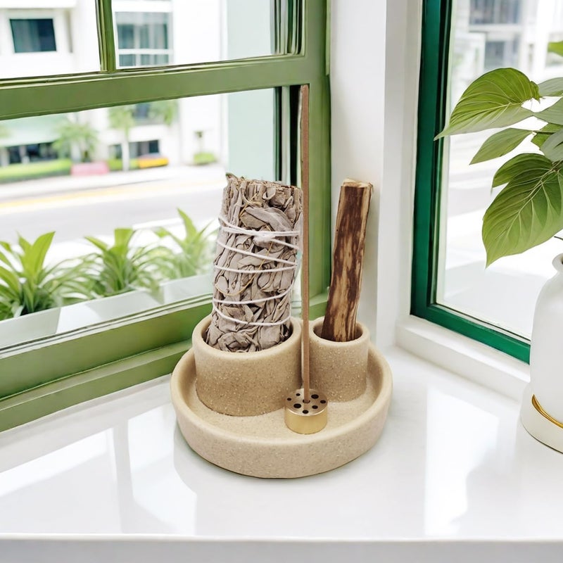 Fancy Lemon 4 in 1 Incense Holder, Ceramic Incense Stick and Palo Santo Holder,Sage Holder for Burning- 4.25" Ceramic Ash Catcher Tray for Meditation and Yoga Room (Sand) - Image 3
