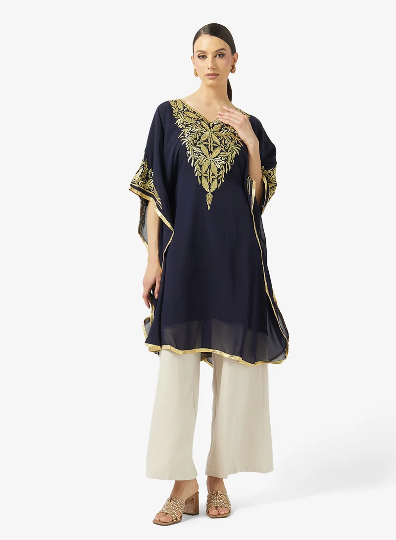 ARABIAN CLOSET Gold Embroidered V-Neckline Kaftan