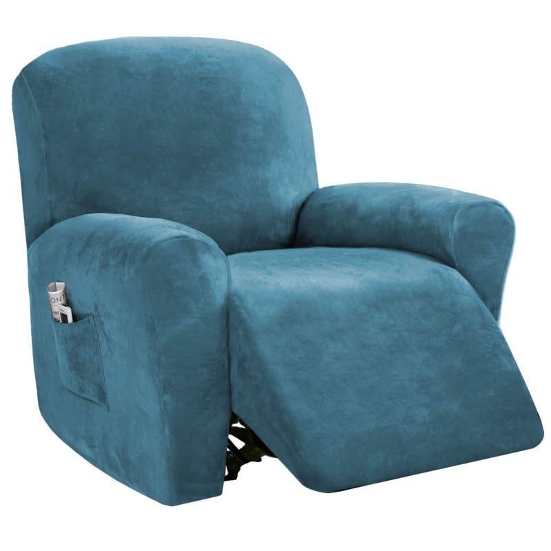 PrinceDeco Recliner Chair Cover Velvet Stretch Recliner Couch Covers 4Pieces Style Recliner Chair Covers Recliner Cover for Reclining Chair Slipcovers Feature Non Slip Form Fitted Stone Blue