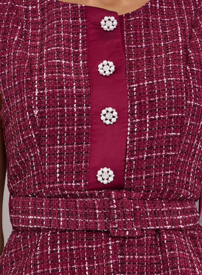 Styli Women Belted Tweed Look Midi Dress - Image 4