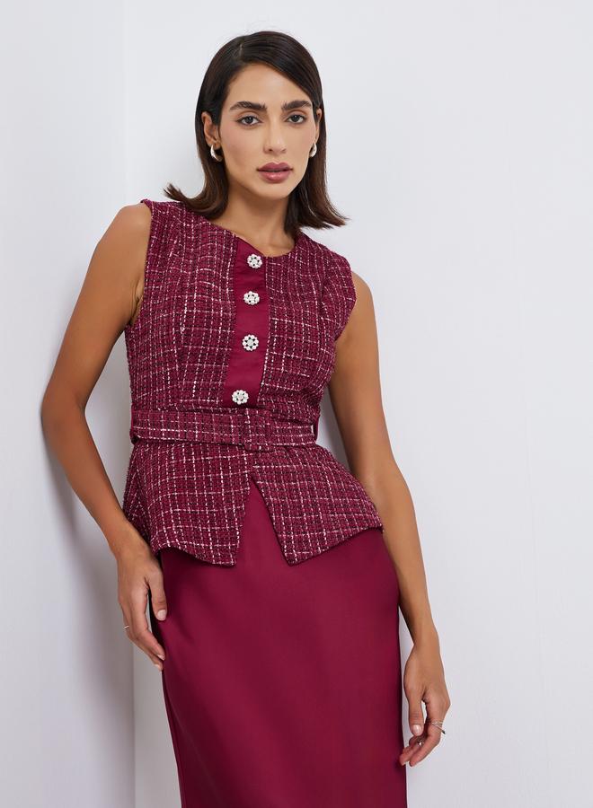 Styli Women Belted Tweed Look Midi Dress - Image 2