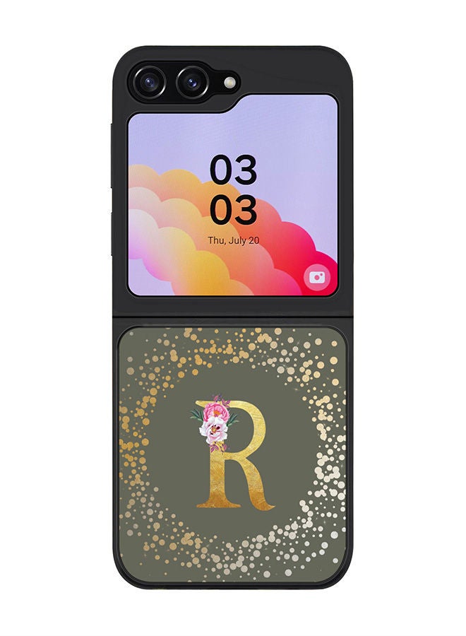 Stylizedd Rugged Black edge case for Samsung Galaxy Z Flip5, Slim fit Soft Case Flexible Rubber Edges Anti Drop TPU Gel Thin Cover -  Custom Monogram Initial Letter Floral Pattern Alphabet - R  (Olive Green ) - Image 1