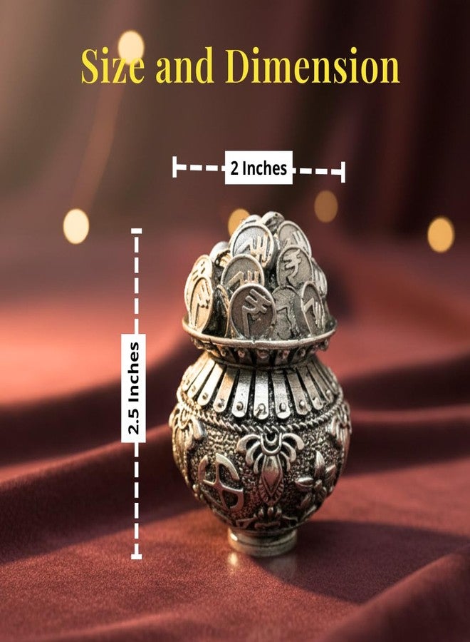 Dev Aastha Premium Silver-Plated Kalash Khazana Idol Statue Kuber Dhan Pot with Coins for Laxmi Pooja | Home Décor | Mandir | Office | Diwali Gift Items | 2.5 Inch - Image 2