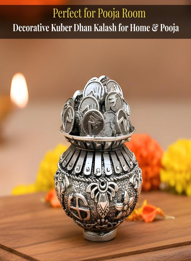 Dev Aastha Premium Silver-Plated Kalash Khazana Idol Statue Kuber Dhan Pot with Coins for Laxmi Pooja | Home Décor | Mandir | Office | Diwali Gift Items | 2.5 Inch - Image 3