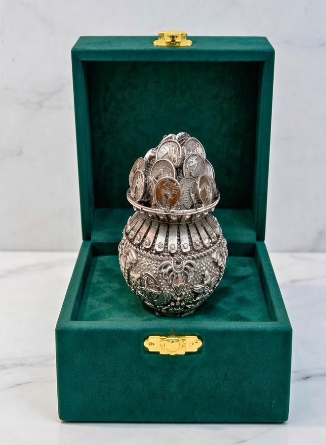 Dev Aastha Premium Silver-Plated Kalash Khazana Idol Statue Kuber Dhan Pot with Coins for Laxmi Pooja | Home Décor | Mandir | Office | Diwali Gift Items | 2.5 Inch - Image 1