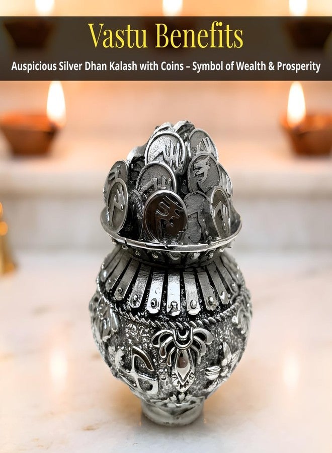 Dev Aastha Premium Silver-Plated Kalash Khazana Idol Statue Kuber Dhan Pot with Coins for Laxmi Pooja | Home Décor | Mandir | Office | Diwali Gift Items | 2.5 Inch - Image 4