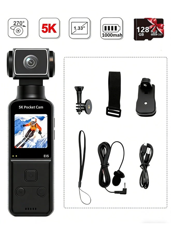 dida-cosmos 5K HD Anti-Shake Sports Body Camera, 270 Degree Rotation Portable Sport Motion Camera with Mic Clip Outdoor Riding Shooting Vlog, 1.3Inch Screen Pocket Digital Cam, Included 128G Card,1000mAh Rechargeable - Image 1