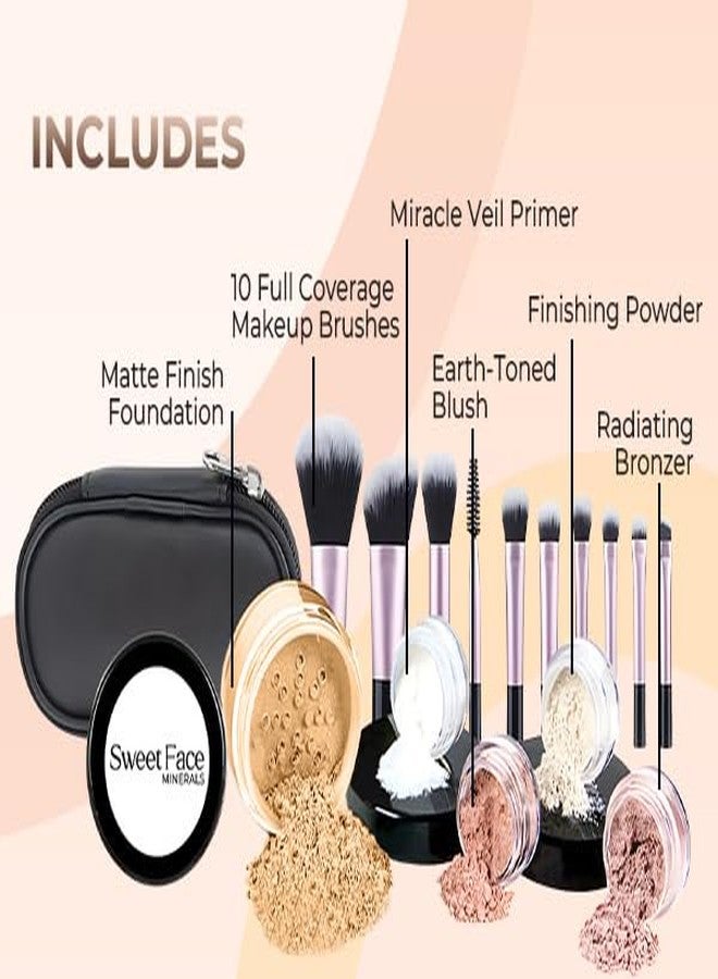 Sweet Face Minerals 16pc Beginner Mineral Makeup STARTER KIT with 10 BRUSH SET (5gm) Sample Size Foundation, Primer, Blush, Bronzer, Setting Powder for Learning, Occasional Use,First Time Users, Travel Size Kit (Beige) - Image 2