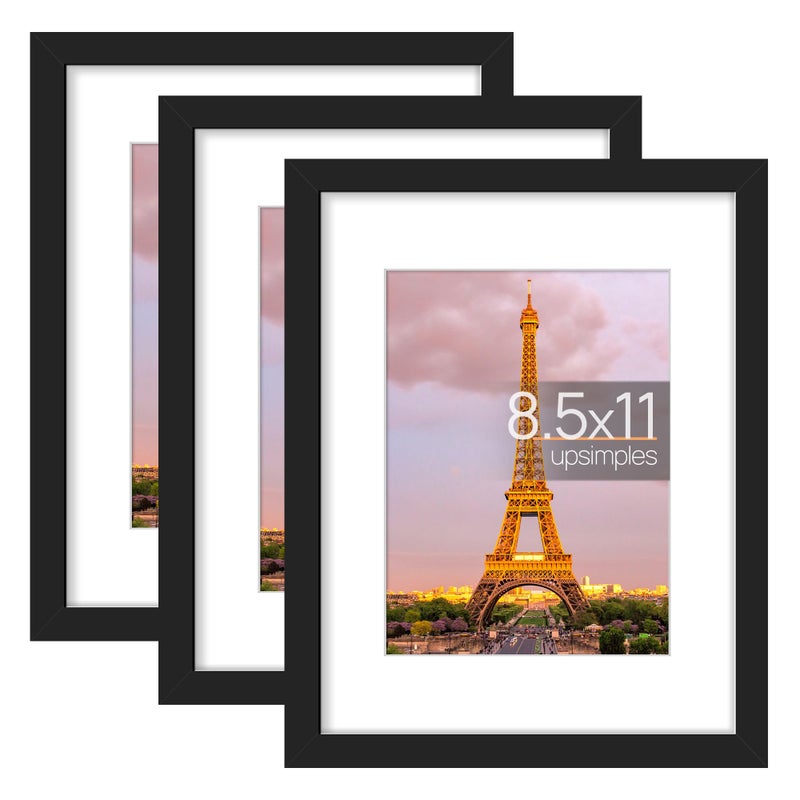 upsimples 85x11 Picture Frame Set of 3 Made of High Definition Glass for 6x8 with Mat or 85x11 Without Mat Wall and Tabletop Display Photo Frames Black