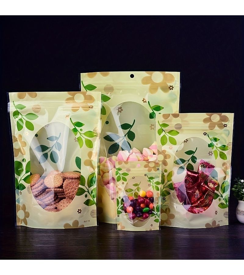 Printed Transparent Stand Up Pouch Food Storage Bags Candy Packaging Green Leaf Colorful Sealable Plastic Bags With Closure 50pcs Size 5 91 8 66 Inch - Image 1