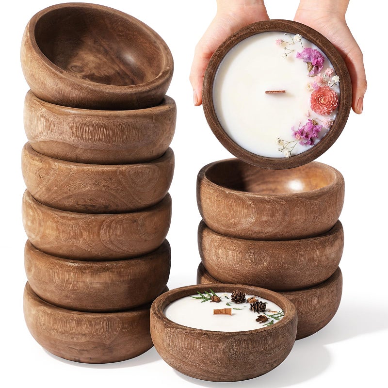 Widecook وعاء عجين خشبي Widecook 10 قطع لحامل الشموع 6" × 2" من خشب الباولونيا وعاء شمعة دائري مزخرف مزخرف صينية تقديم ريفية لتزيين المنزل للمطبخ حفلات الزفاف الحرف اليدوية مزرعة (لون كلاسيكي) - Image 1