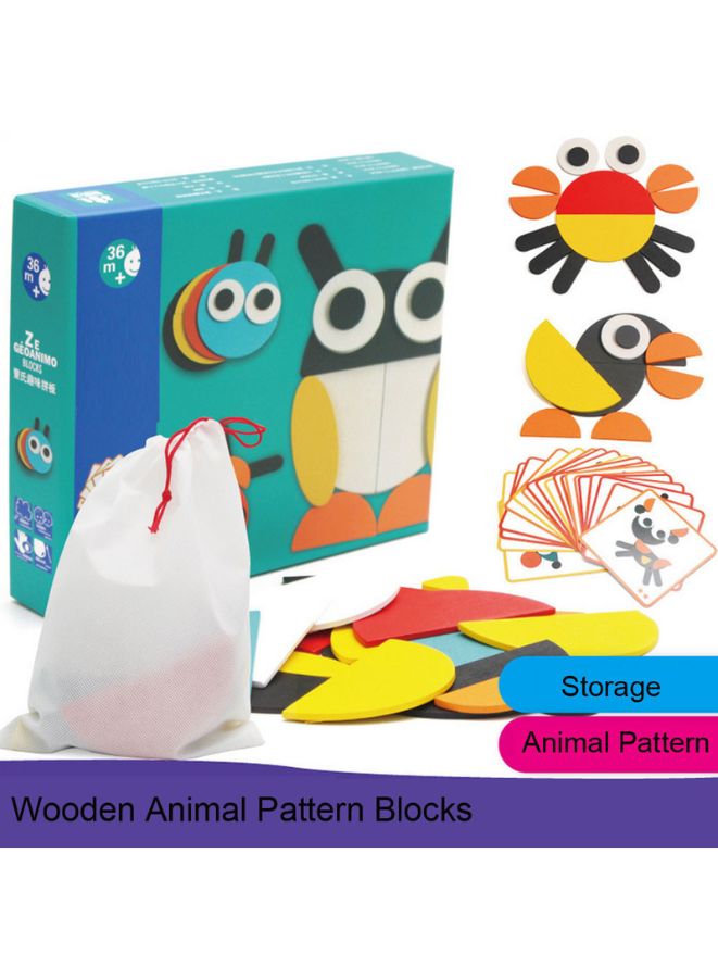 Wooden Pattern Blocks Geometric Shapes Animals Puzzle Early Educational Toys Tangram Set for Kids with 20 Design Cards - Image 2