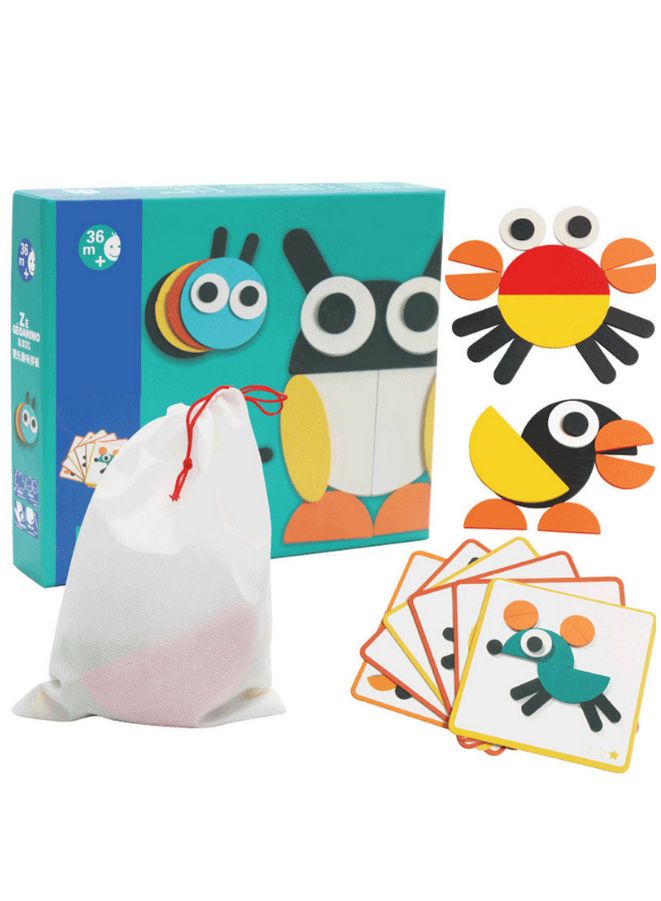 Wooden Pattern Blocks Geometric Shapes Animals Puzzle Early Educational Toys Tangram Set for Kids with 20 Design Cards - Image 1