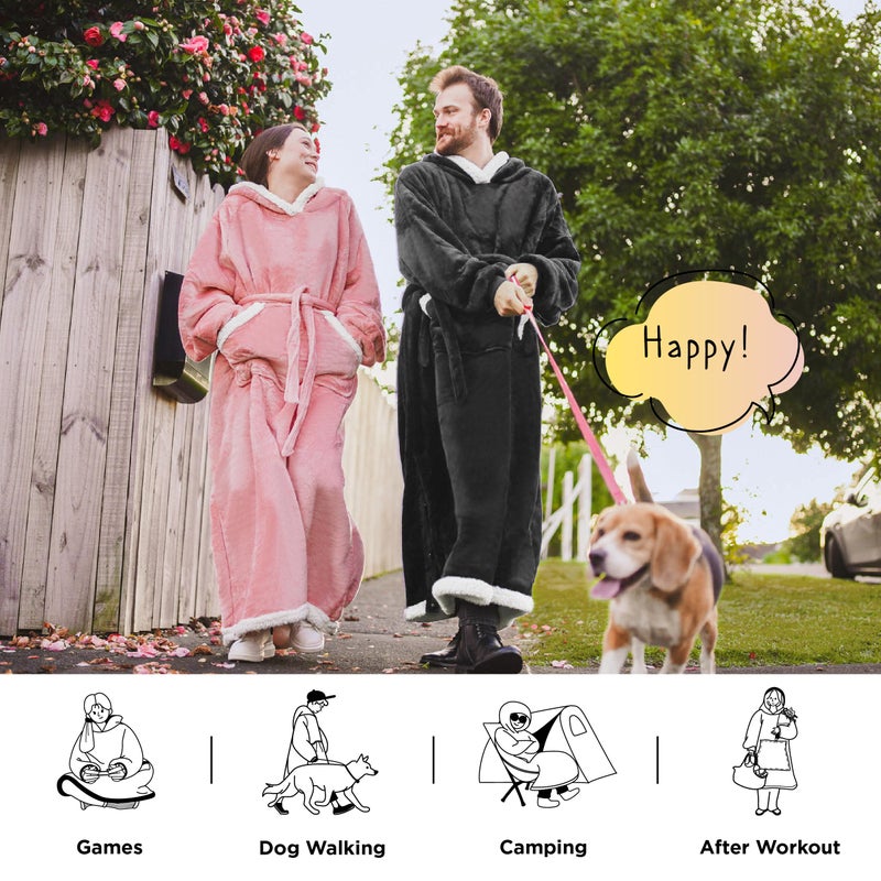 Bedsure Bedsure Ovesized Wearable Blanket Hoodie  Long Sherpa Fleece Blanket Sweatshirt  with Warm Big Hood  Side Split and Belt  Charcoal  Standard Adult  - Image 5