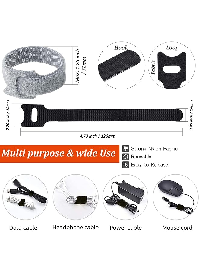 erorex Reusable Hook And Loop Cable Ties Black Grey 80 Pack Microfiber Cloth 2 Inch Max Diameter Ideal For Cable Management - Image 2