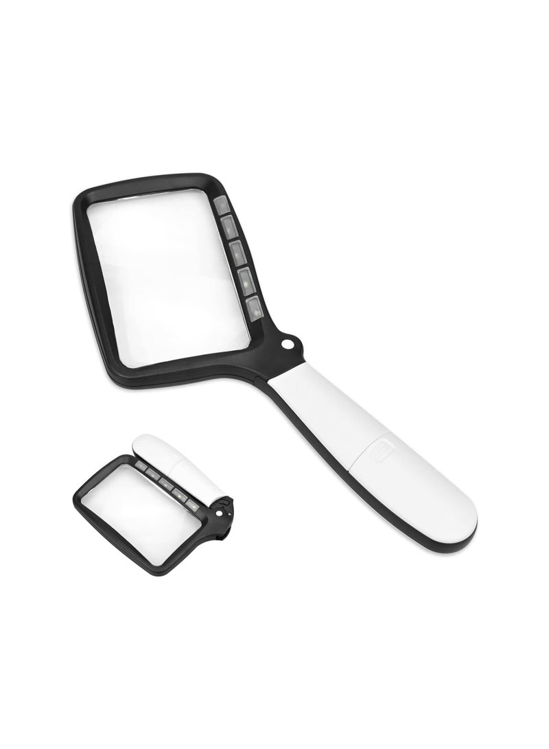 KASTWAVE Rectangular Handheld Magnifying Glass with Light, Foldable 2X Magnifying Glass with 5 LED Lights, 2 Dimming Modes Ideal for Seniors Reading Prints, Book, Low Vision, Read at Night - Image 1