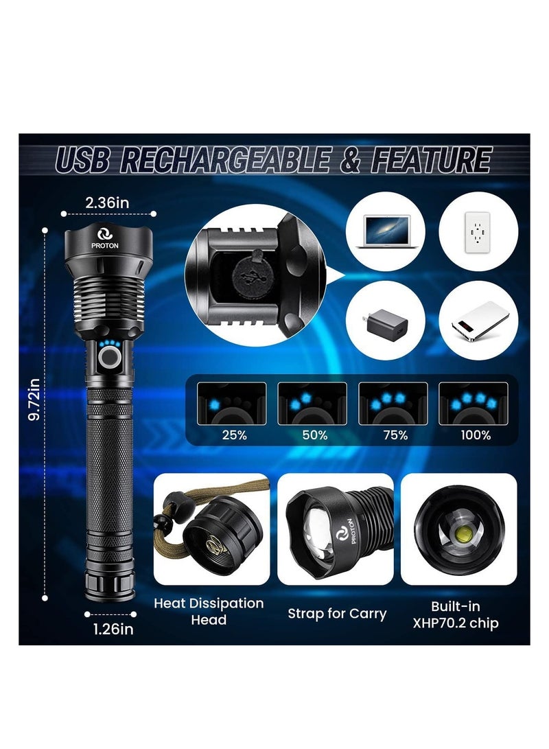 PROTON Super Bright Rechargeable LED Flashlights, 90000 Lumens XHP70.2 Tactical Flashlight, 10000mAh Parallel Battery, Zoomable&IPX5 Waterproof - Image 2
