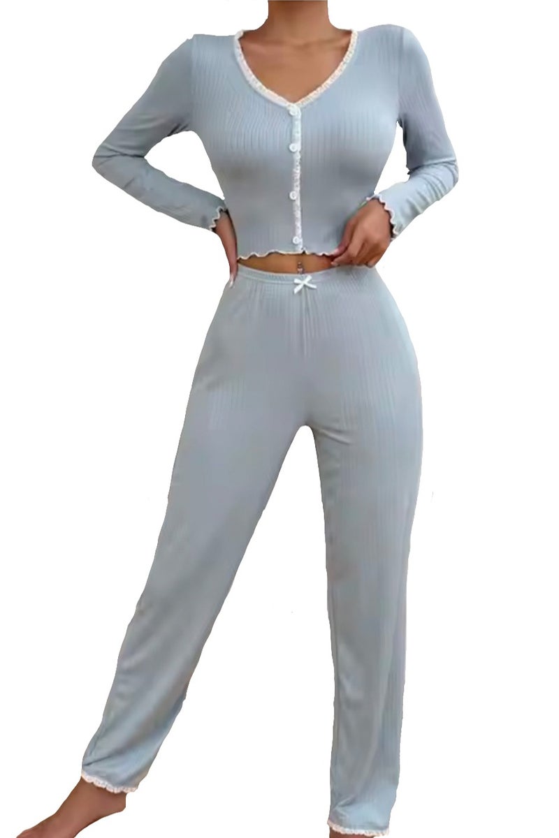 SOLOBUY Outlet Pyjama Sets Women Crop Tops V Neck Long Sleeve Shirts Ruffles Pants - Image 1