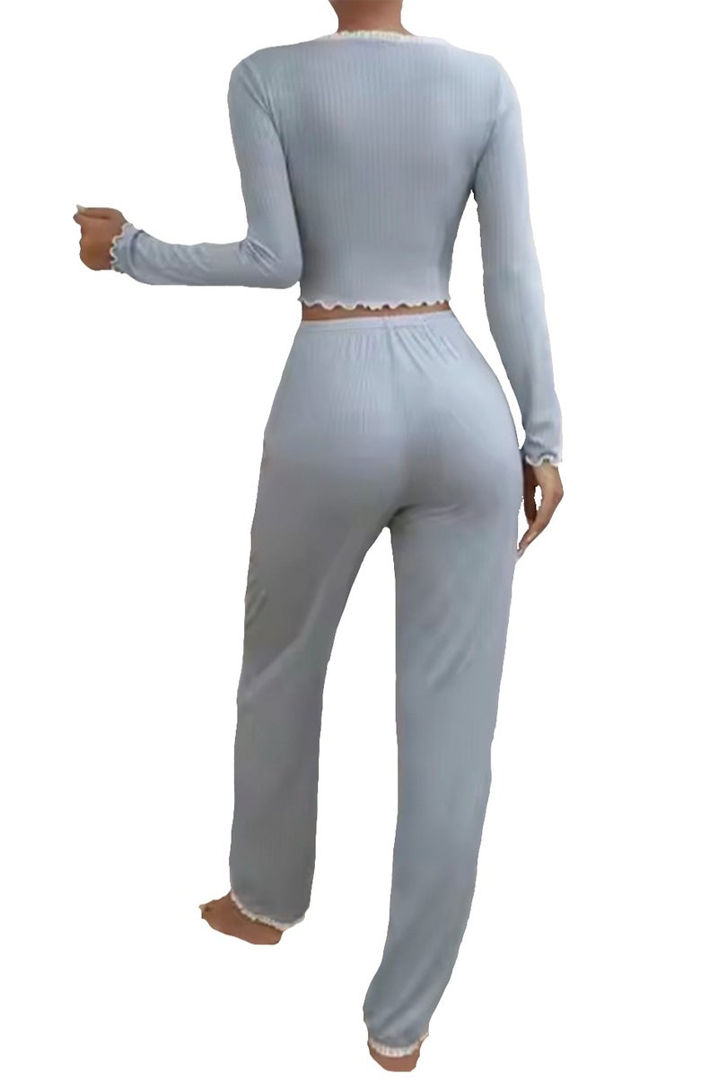 SOLOBUY Outlet Pyjama Sets Women Crop Tops V Neck Long Sleeve Shirts Ruffles Pants - Image 2