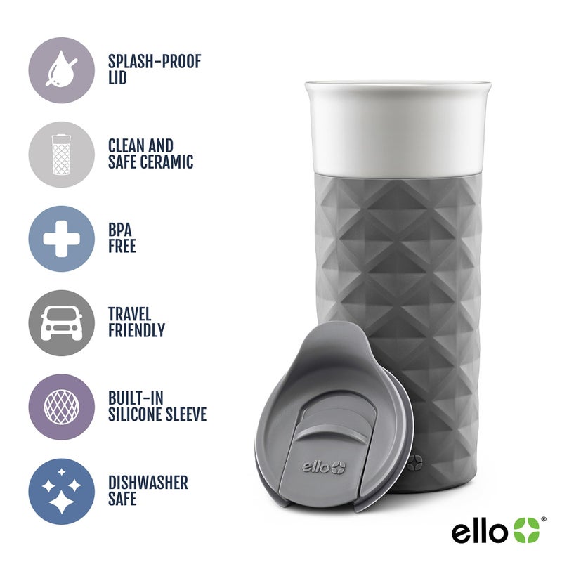 Ello Ogden Ceramic Travel Mug with Splash-Resistant Slider Lid and Protective Silicone Boot, Perfect for Coffee or Tea, BPA Free, Dishwasher Safe, Gray, 16 oz, 758-0438-040 - Image 3