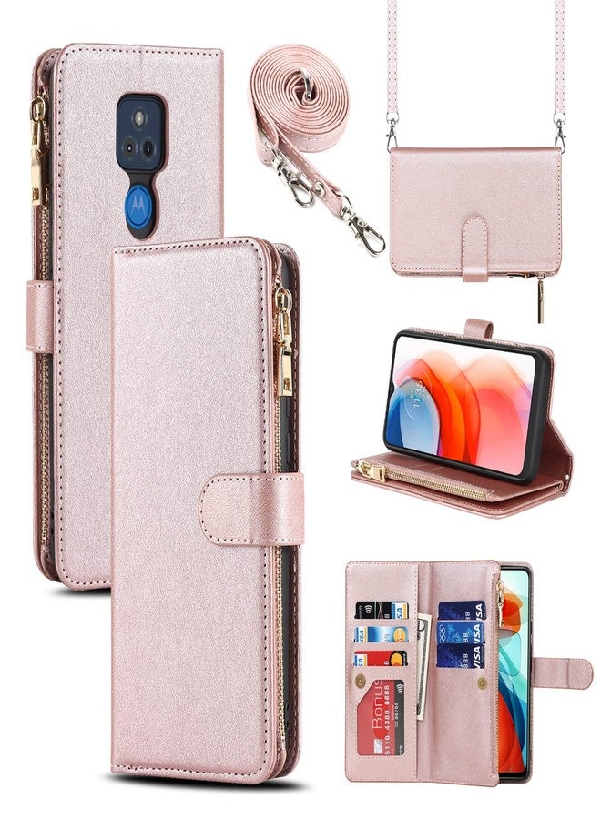 Jaorty Fit for Motorola Moto G Play 2021 Wallet Case,[9 Card Slots] Removable Adjustable Crossbody Necklace Lanyard Shoulder Strap Zipper PU Leather Case for Motorola G Play 2021 6.5 Inch,Rosegold - Image 1