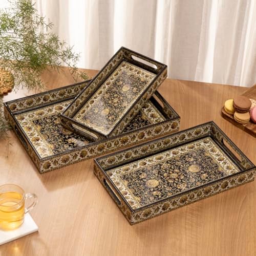 DULI Set of 3 Wooden Serving Trays Enamel Coated MDF with Lacquered Water-Resistant Royal Multipurpose Decorative Trays for Kitchen, Dining & Gifting (16x10x2,14x8x2, 12x6x2 Inches) - Image 1