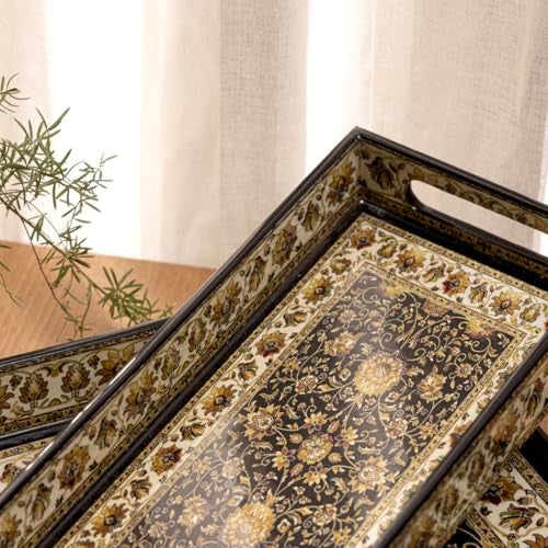 DULI Set of 3 Wooden Serving Trays Enamel Coated MDF with Lacquered Water-Resistant Royal Multipurpose Decorative Trays for Kitchen, Dining & Gifting (16x10x2,14x8x2, 12x6x2 Inches) - Image 2