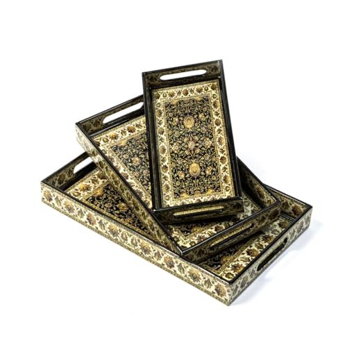 DULI Set of 3 Wooden Serving Trays Enamel Coated MDF with Lacquered Water-Resistant Royal Multipurpose Decorative Trays for Kitchen, Dining & Gifting (16x10x2,14x8x2, 12x6x2 Inches) - Image 4