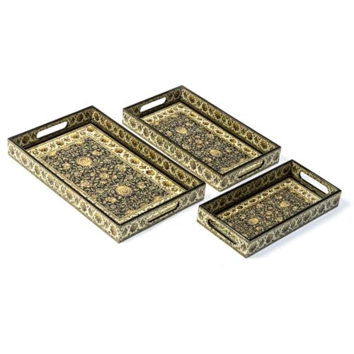 DULI Set of 3 Wooden Serving Trays Enamel Coated MDF with Lacquered Water-Resistant Royal Multipurpose Decorative Trays for Kitchen, Dining & Gifting (16x10x2,14x8x2, 12x6x2 Inches) - Image 3
